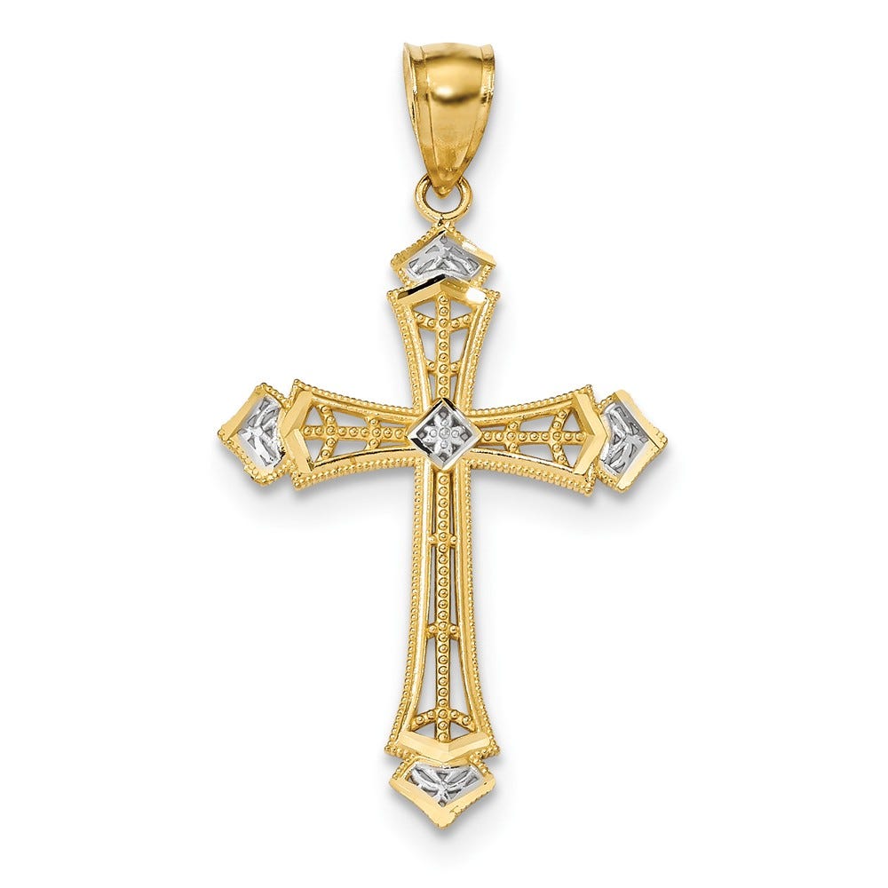 14k w/Rhodium Diamond-cut Cross Pendant