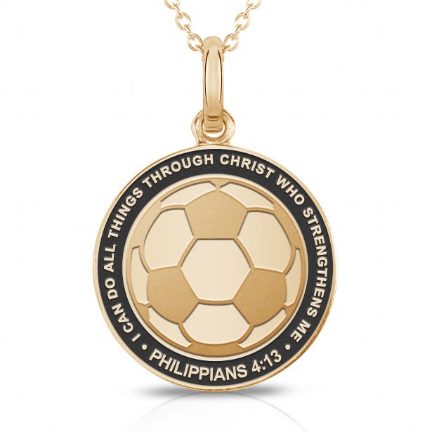 " Through Christ Who Strengthens Me" Soccer Charm or Pendant - 1 inch x 1 inch in Solid 14K Yellow Gold