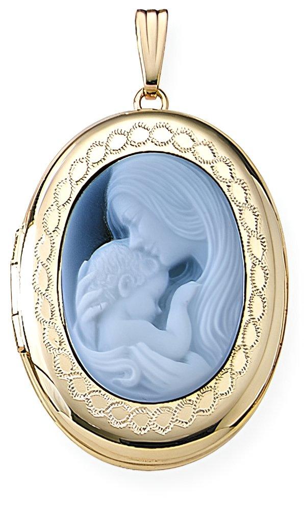 Solid 14K Yellow Gold Mother & Child Cameo Oval Photo Locket