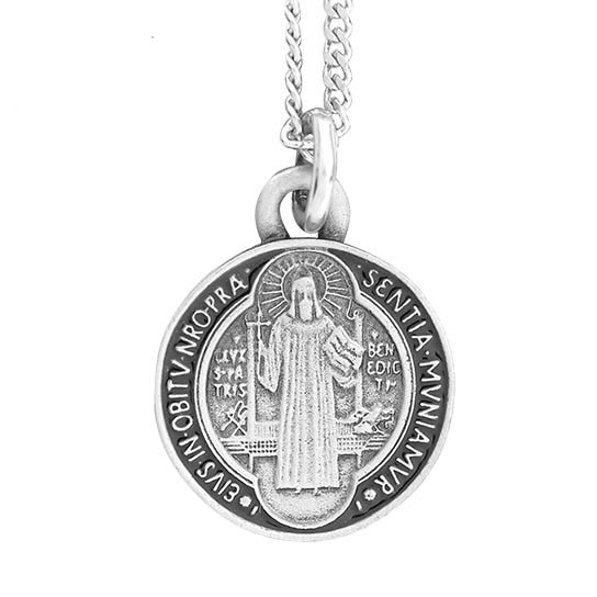 Pewter Saint Benedict Black Enameled Medal w/ Continuous Curb Chain