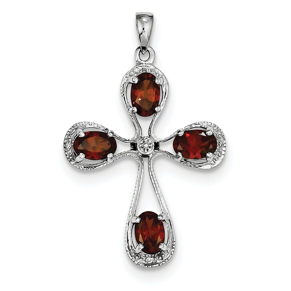 Sterling Silver Rhodium Garnet & Diamond Cross Pendant