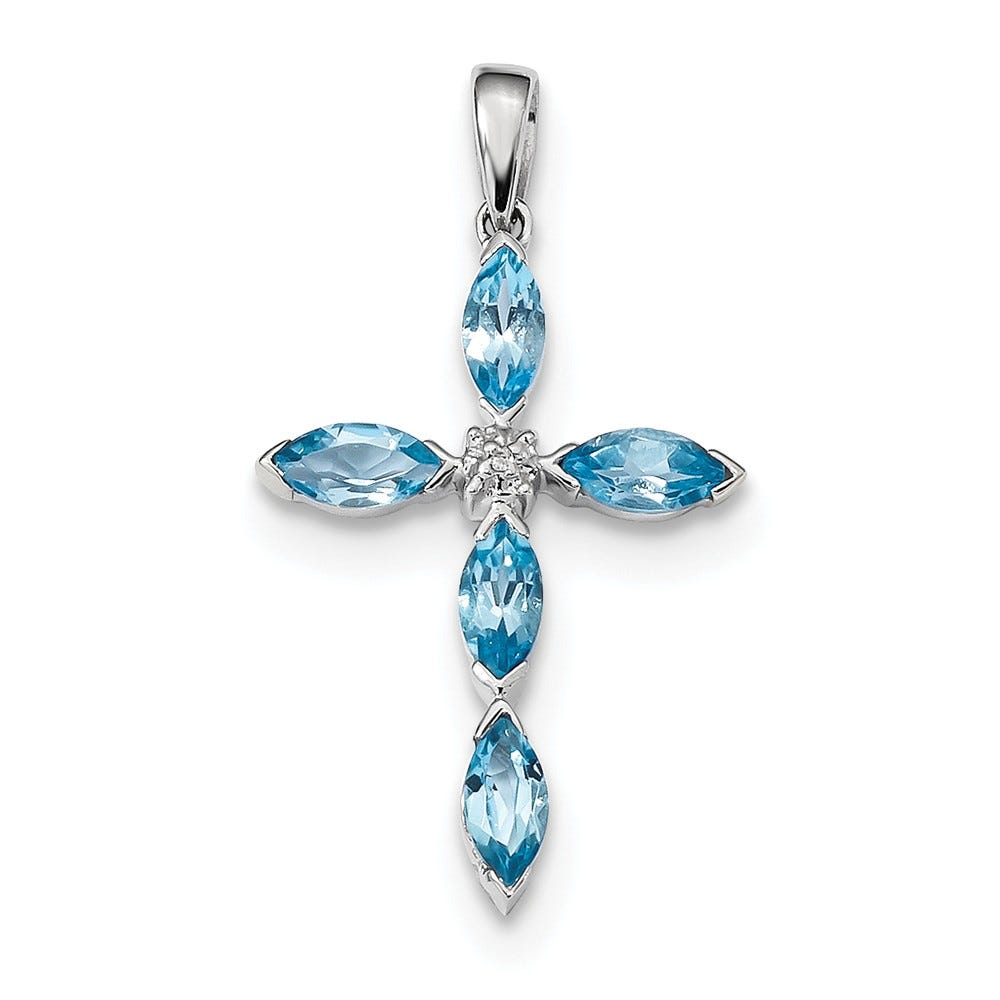 Sterling Silver Rhodium Lt Sw Blue Topaz Cross & Diamond Pendant