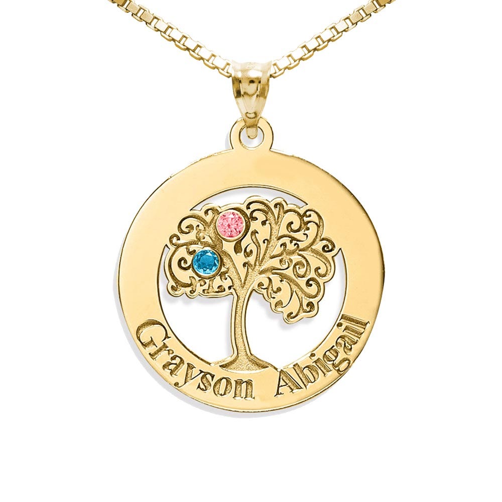 Personalized Family Tree Pendant with 2 Names and Birthstones