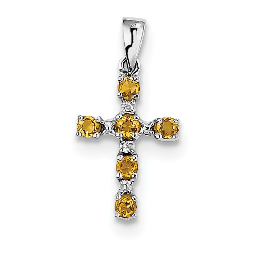 Sterling Silver Rhodium Citrine & Diamond Cross Pendant