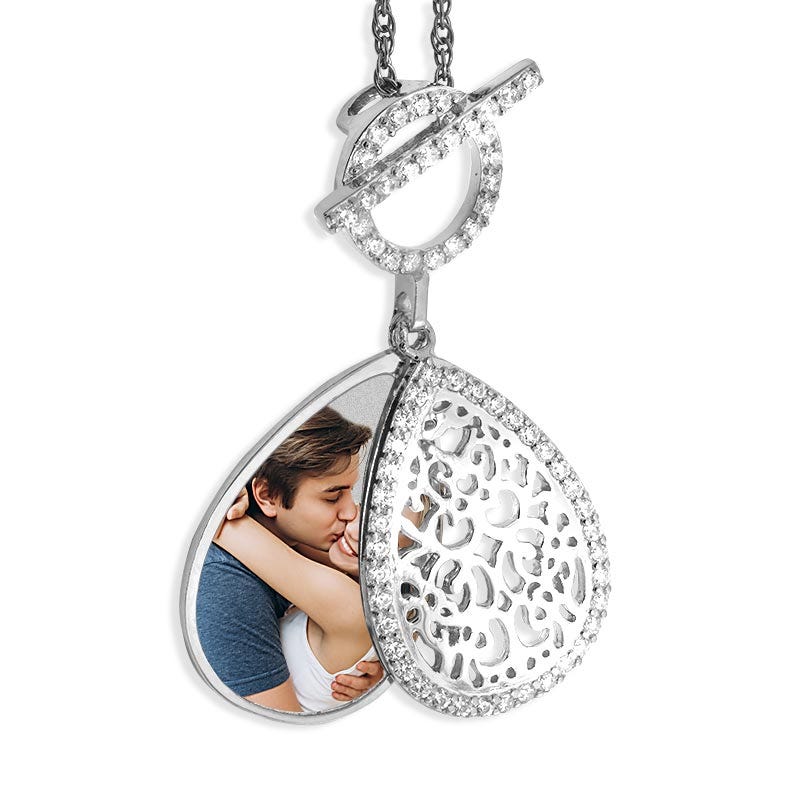 Photo Engraved Ornate Teardrop Swivel Locket with Chain Included