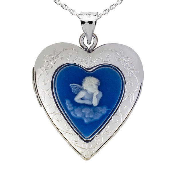 Silver Blue Angel Cameo Heart Photo Locket