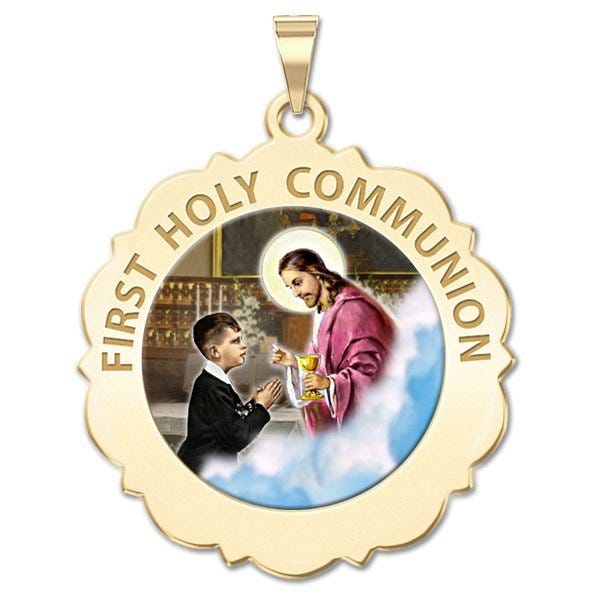 First Holy Communion Scalloped Round Religious Medal (Boy) "Color EXCLUSIVE"