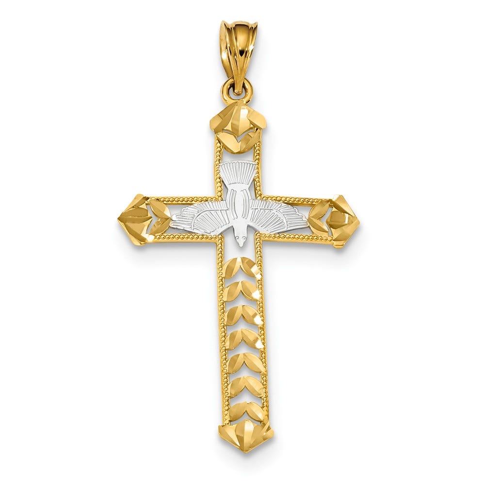 14k White Rhodium w/ Yellow Polished Diamond-cut Dove Cross Pendant