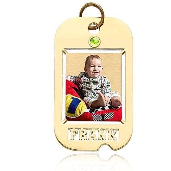 Dog Tag W/ Name Cut  and Birthstone Photo Pendant Picture Charm