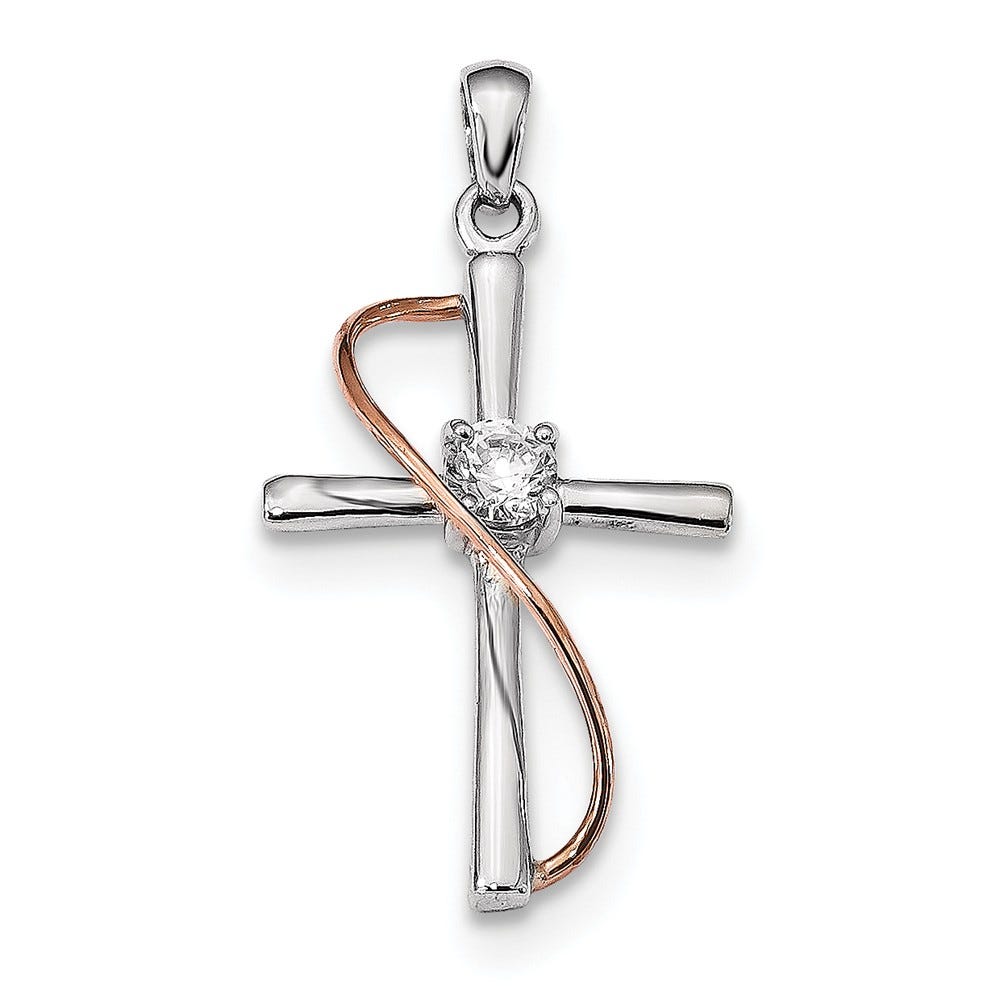 Sterling Silver Rhodium & Rose-tone Polished CZ Cross Pendant