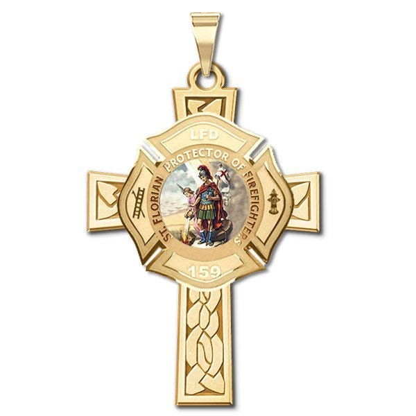 Saint Florian Personalized Fire Badge Cross Religious Color Medal  "EXCLUSIVE"