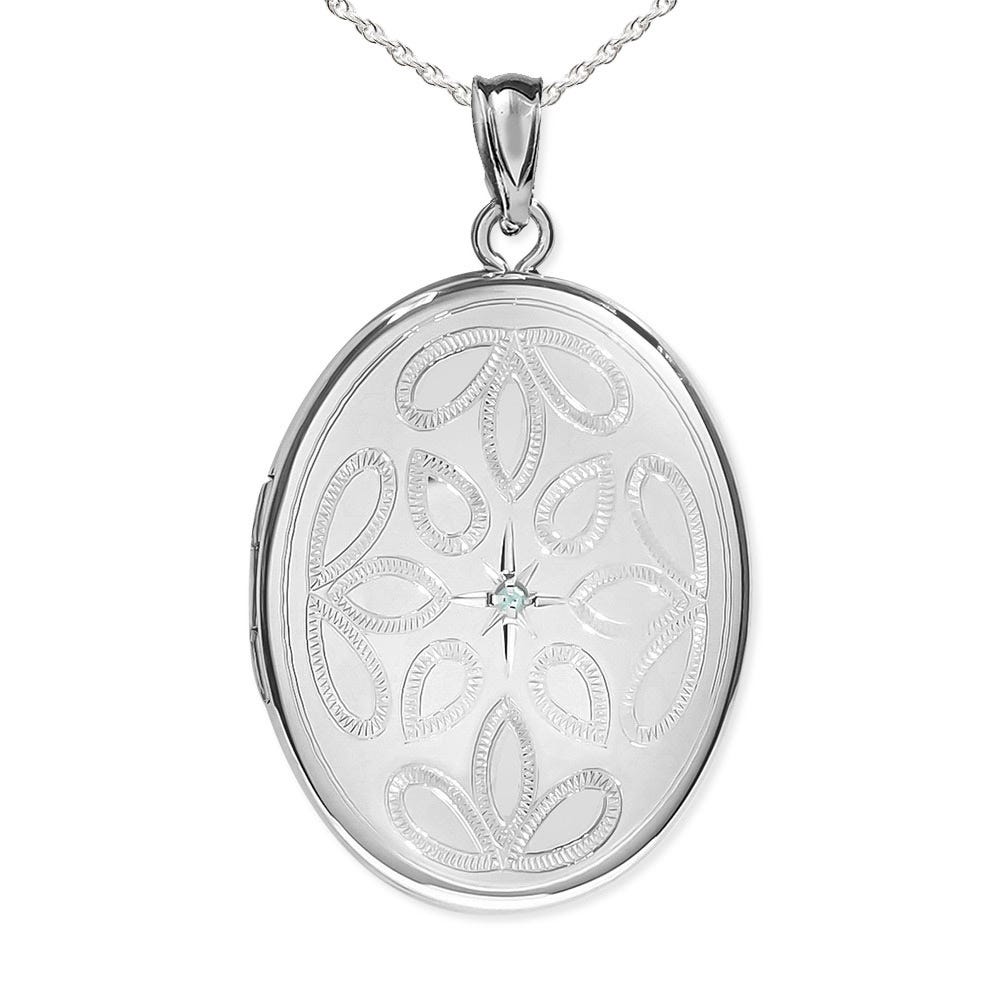 Silver Floral Oval Photo Locket with Cubic Zirconia