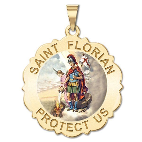 Saint Florian Scalloped Round Religious Medal  "Color EXCLUSIVE"