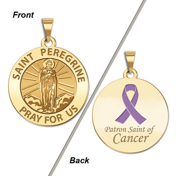 Saint Peregrine Double Sided Patron Saint of Cancer Round Religious Medal w/ Color Ribbon