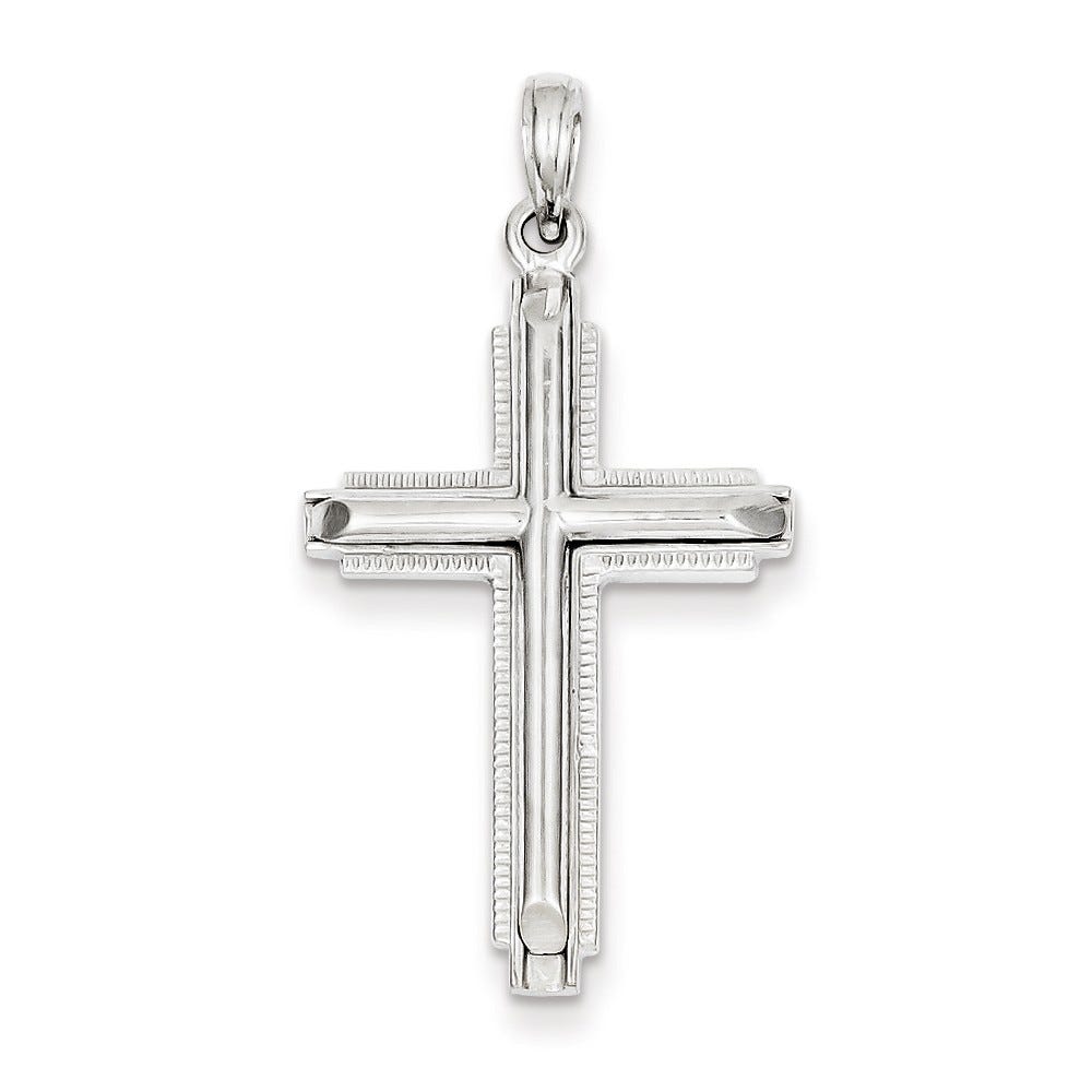 14K White Gold Cylinder Cross on Beaded Trim Frame