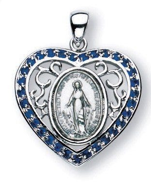 Sterling Silver Miraculous Medal w/ Synthetic Sapphires
