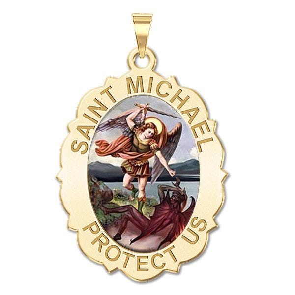 Saint Michael Scalloped OVAL Religious Medal  "Color EXCLUSIVE"