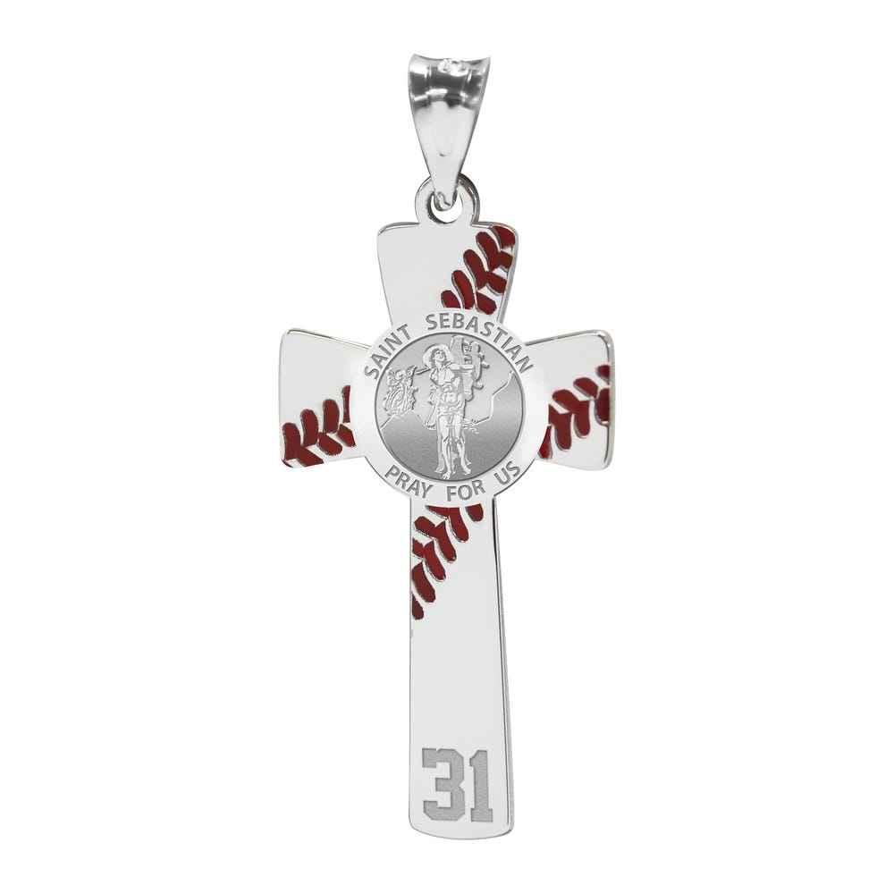 Baseball Stitched Saint Sebastian Enameled Cross Pendant w/ Number