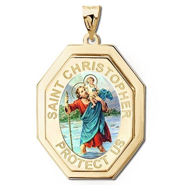 Saint Christopher Three Dimensional Premium Weight Long Octagon Religious Medal - Color