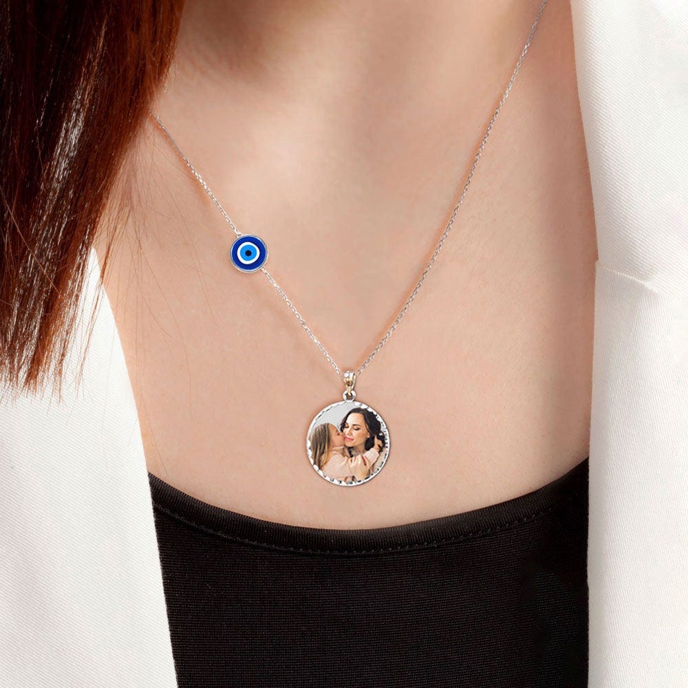 Personalized Round Photo Necklace with Evil Eye Charm