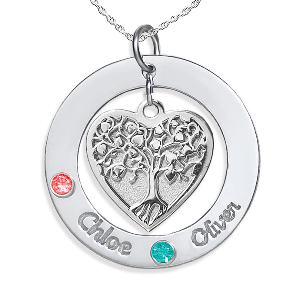 Personalized Round Family Tree Pendant with Two Birthstones & Names- Includes 18 Inch Chain