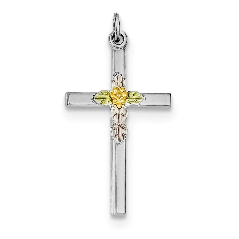 Sterling Silver Rhodium-plated Polished Epoxy & Gold-plated Cross Pendant