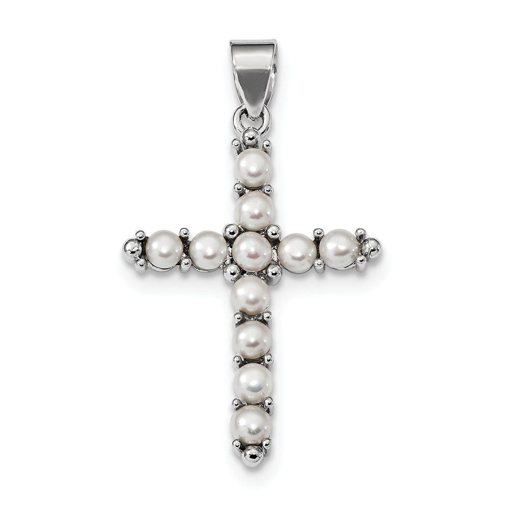 Sterling Silver Rhodium-platedFW Cultured Pearl Cross Pendant