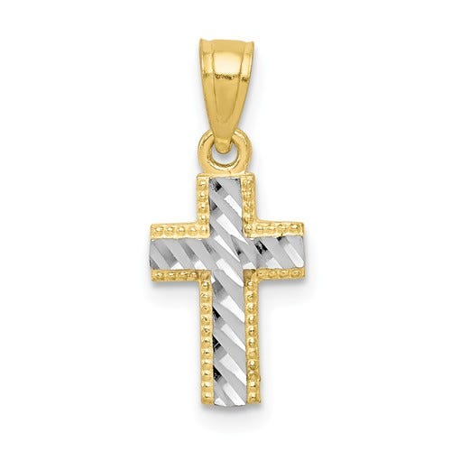 10k & Rhodium Tiny Diamond-Cut Cross Pendant
