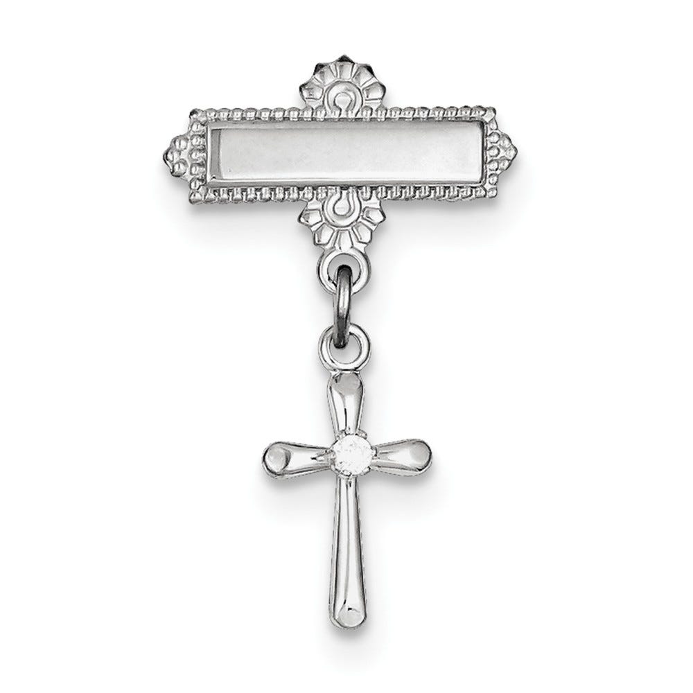 Sterling Silver Rhodium-plated Polished CZ Cross Pin