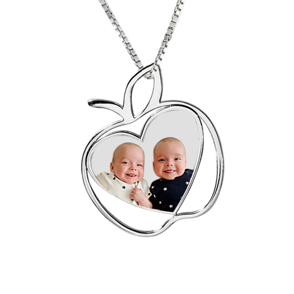 Personalized Teacher Apple Photo Pendant Necklace with Chain Included