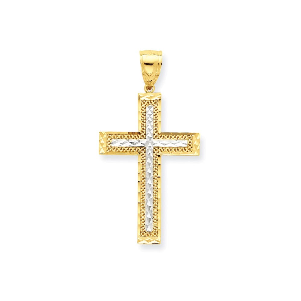 10k & Rhodium Diamond-Cut Cross Pendant
