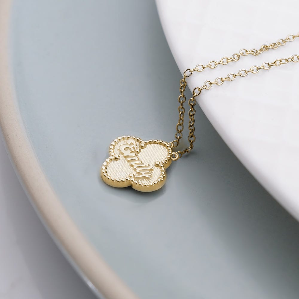 Personalized Clover Shaped Milgrain Name Necklace with Chain Included