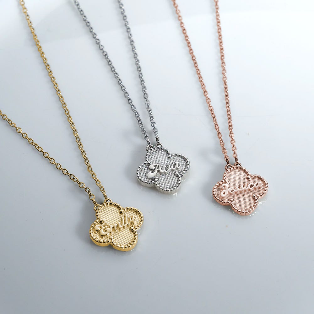 Personalized Clover Shaped Milgrain Name Necklace with Chain Included