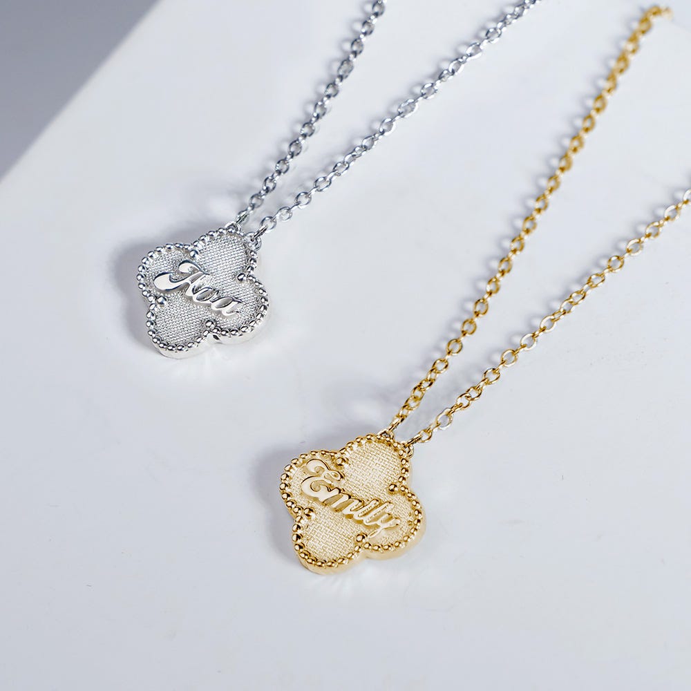 Personalized Clover Shaped Milgrain Name Necklace with Chain Included
