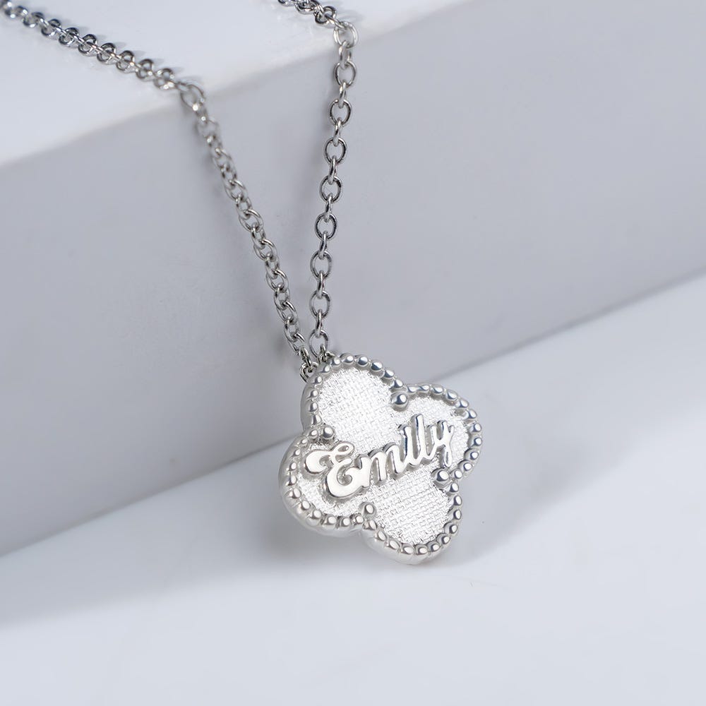 Personalized Clover Shaped Milgrain Name Necklace with Chain Included