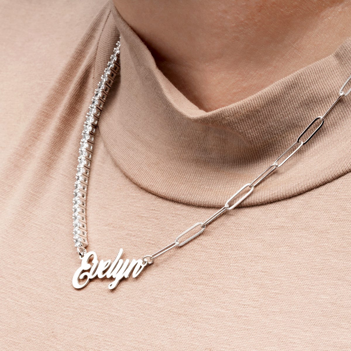 Half CZ Chain and Paper Clip Name Necklace