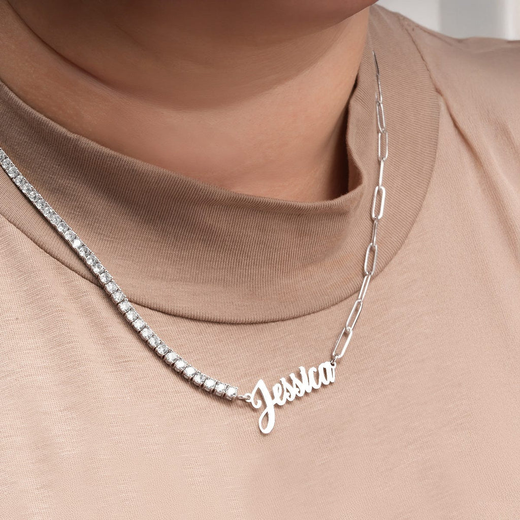 Half CZ Chain and Paper Clip Name Necklace