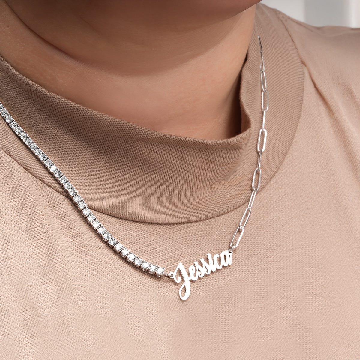 Half CZ Chain and Paper Clip Name Necklace