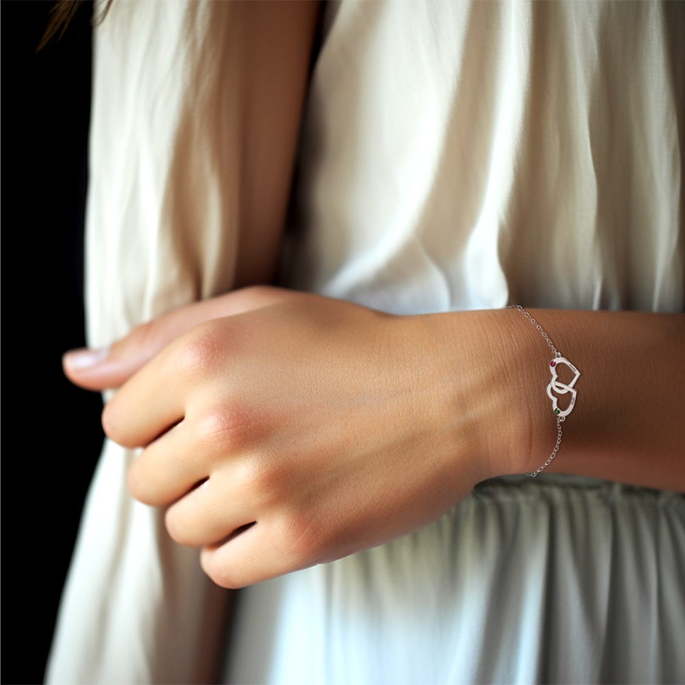 Interlocking Heart Bracelet with Two Birthstones & Two Names