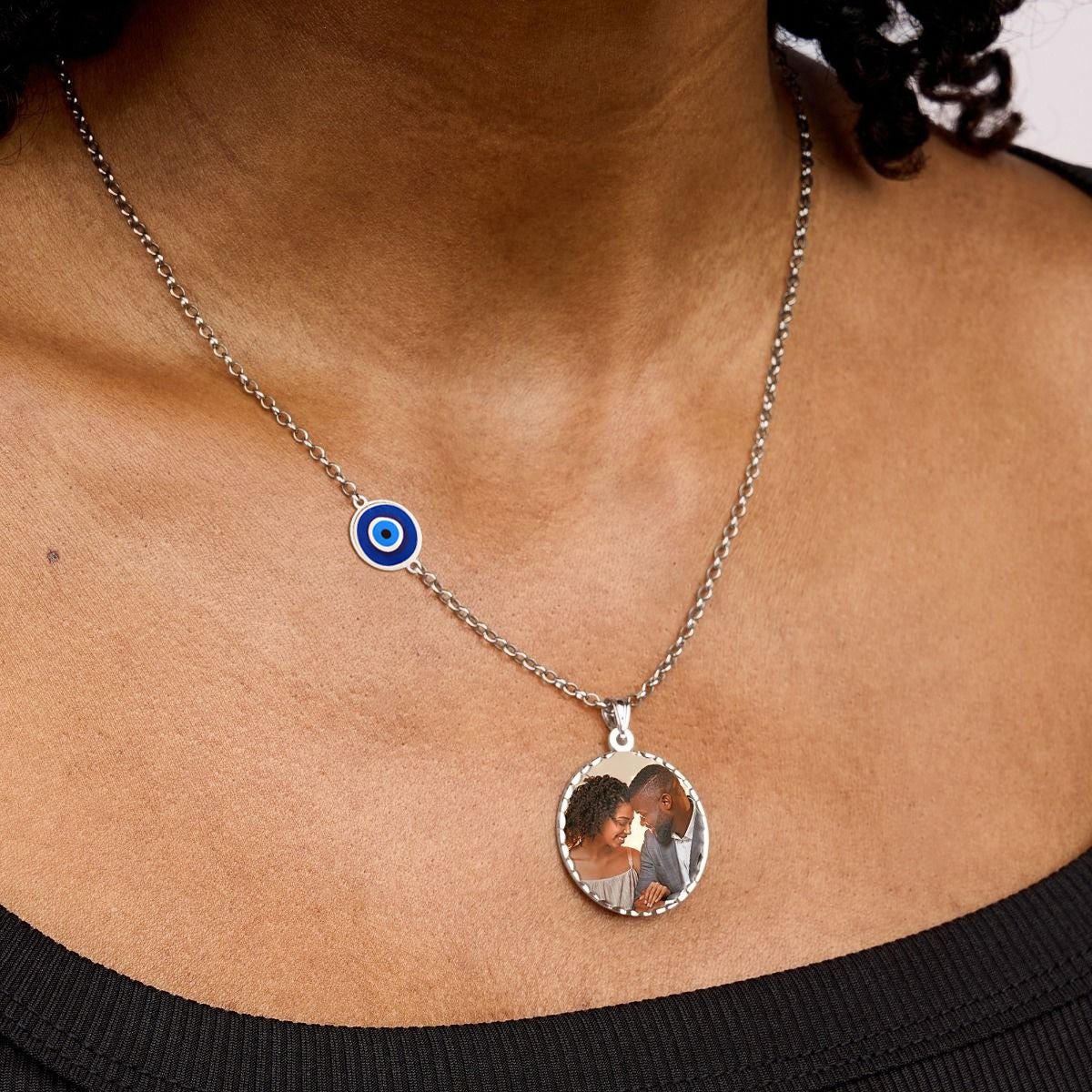 Personalized Round Photo Necklace with Evil Eye Charm