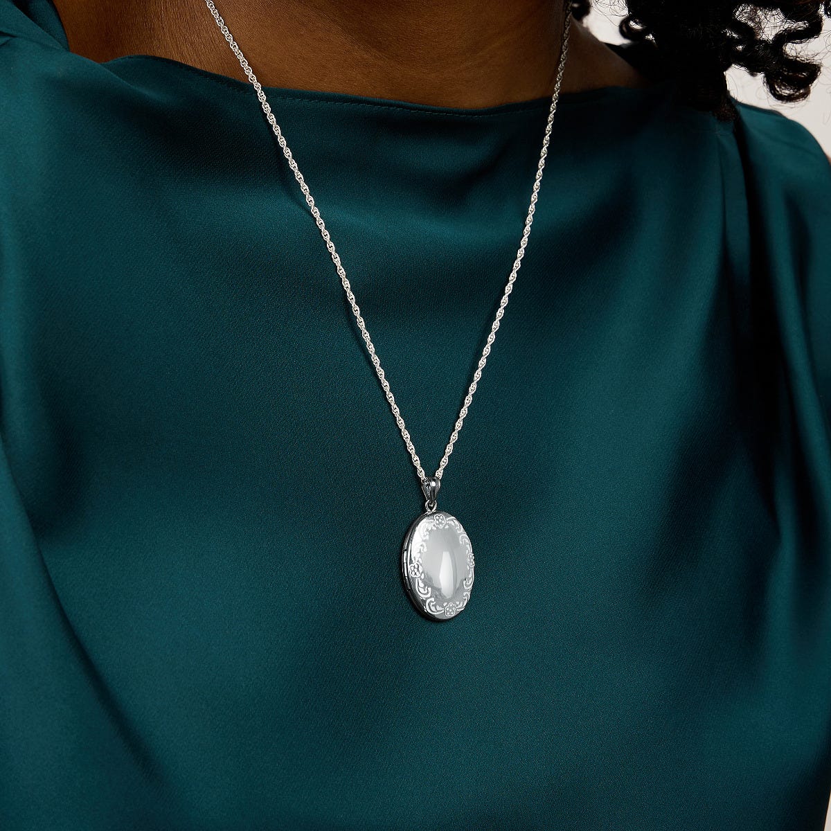 Silver Floral Oval Photo Locket