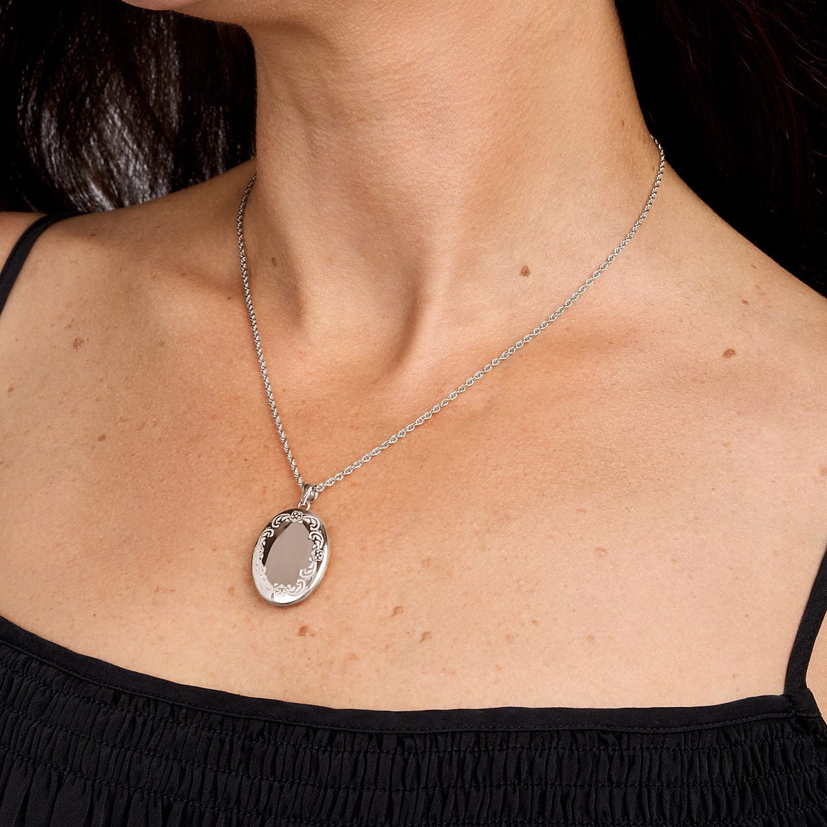 Silver Floral Oval Photo Locket