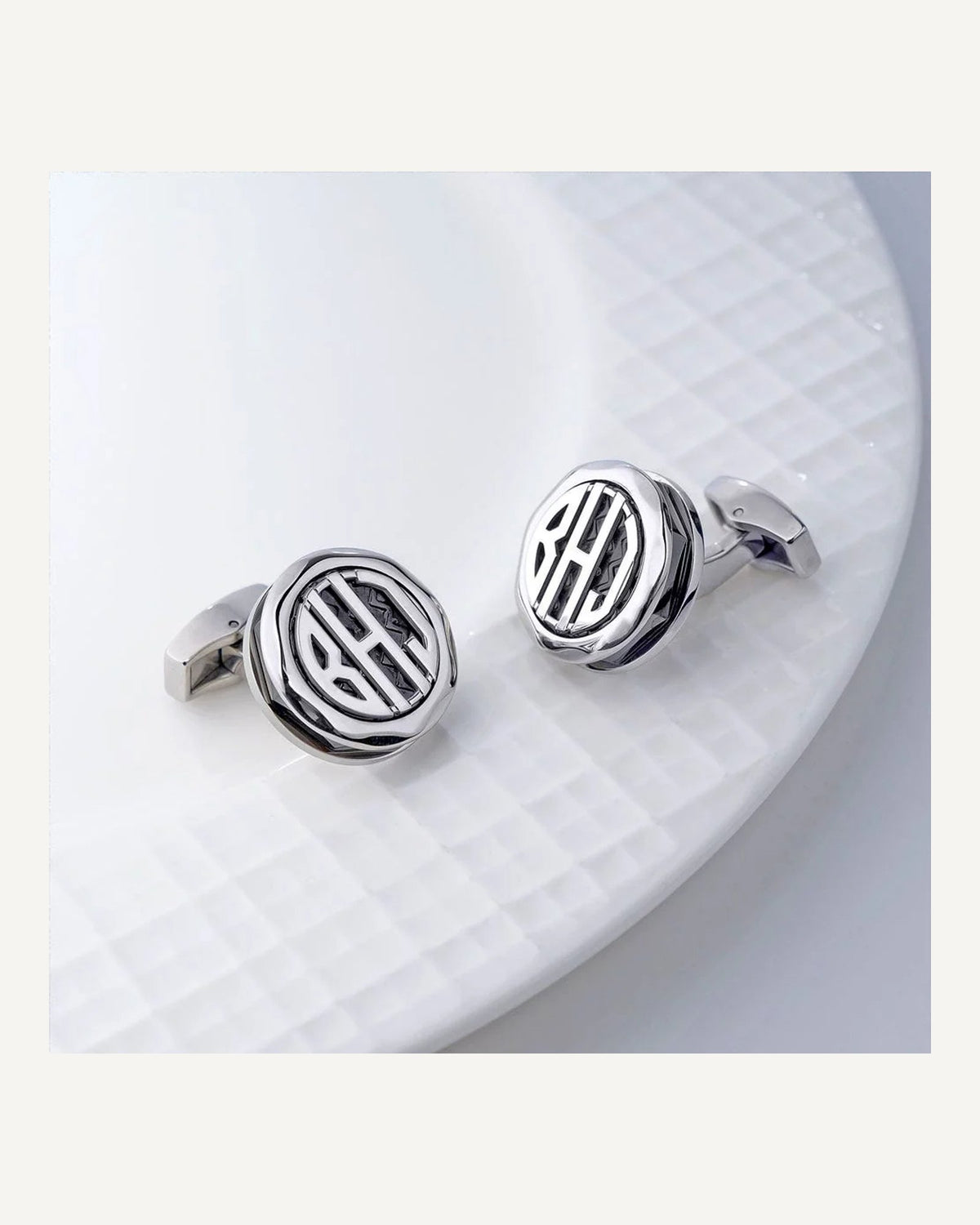 Round Monogram Cuff links With Ripple Pattern