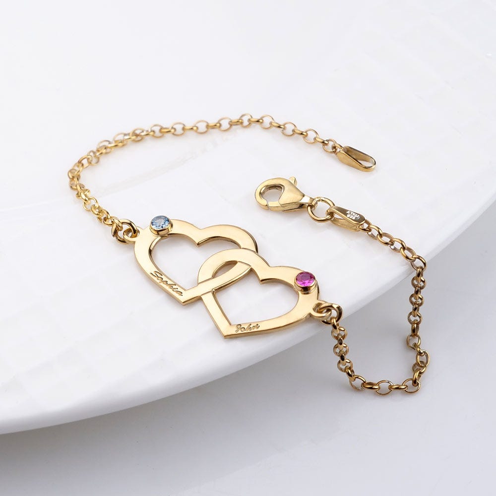 Interlocking Heart Bracelet with Two Birthstones & Two Names