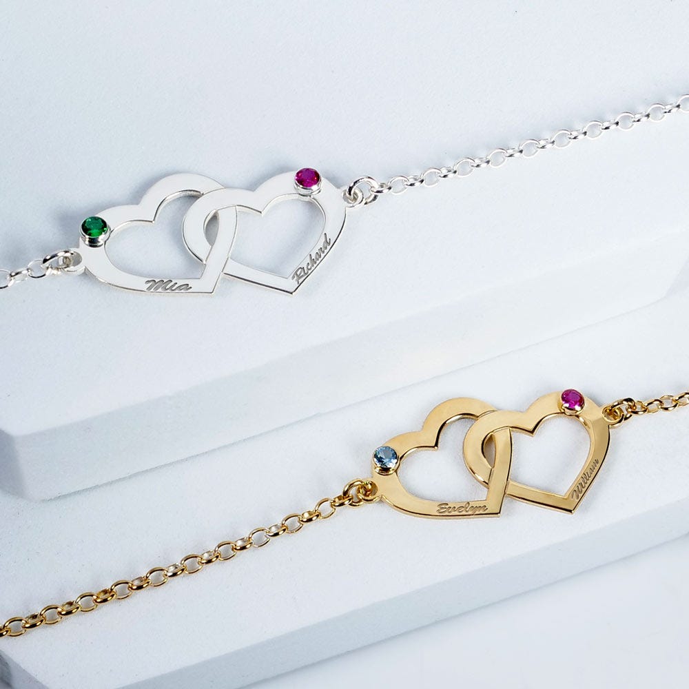 Interlocking Heart Bracelet with Two Birthstones & Two Names