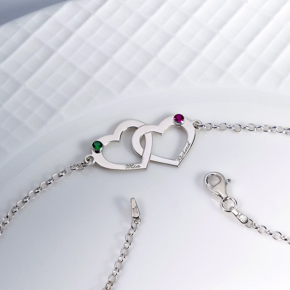 Interlocking Heart Bracelet with Two Birthstones & Two Names