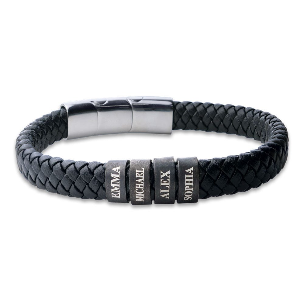Black Leather Bracelet with Antiqued Charms