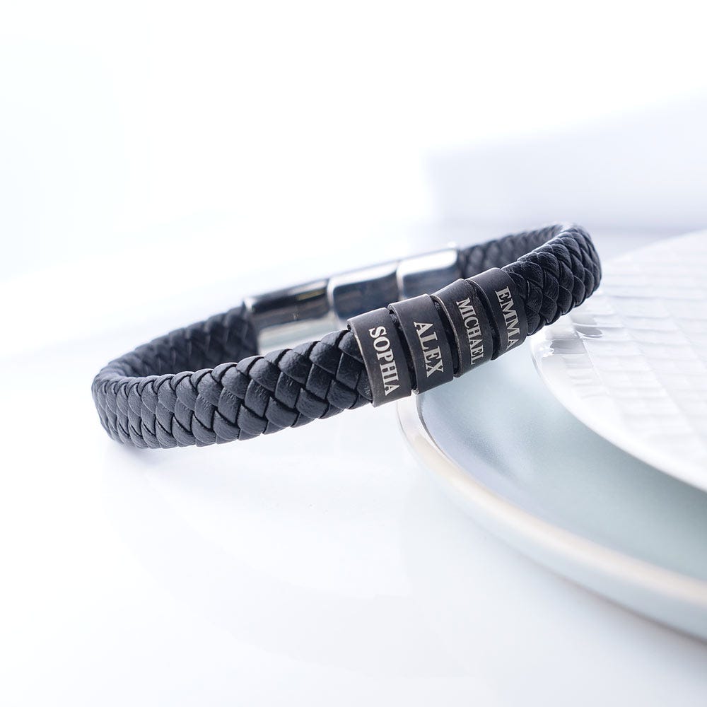 Black Leather Bracelet with Antiqued Charms