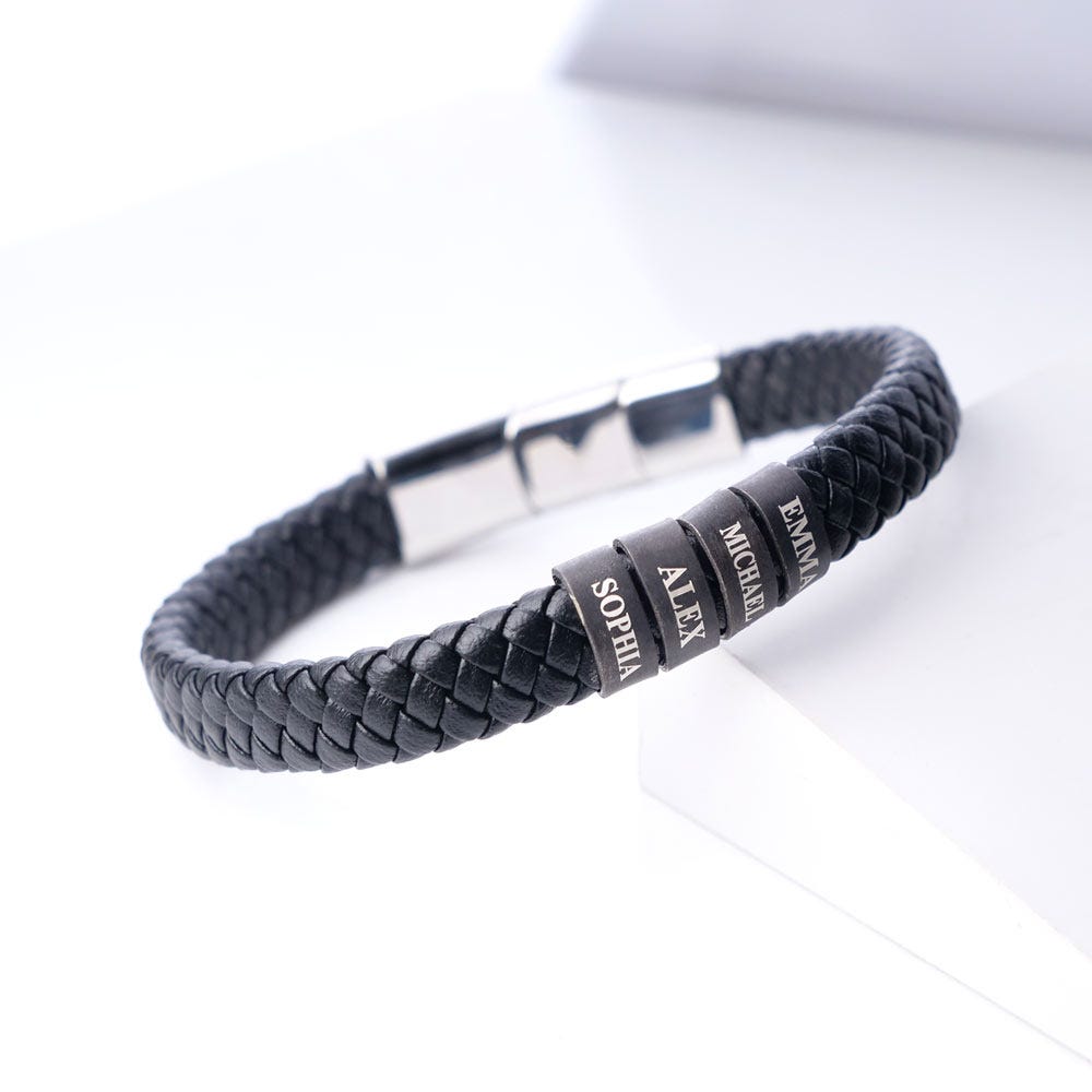 Black Leather Bracelet with Antiqued Charms