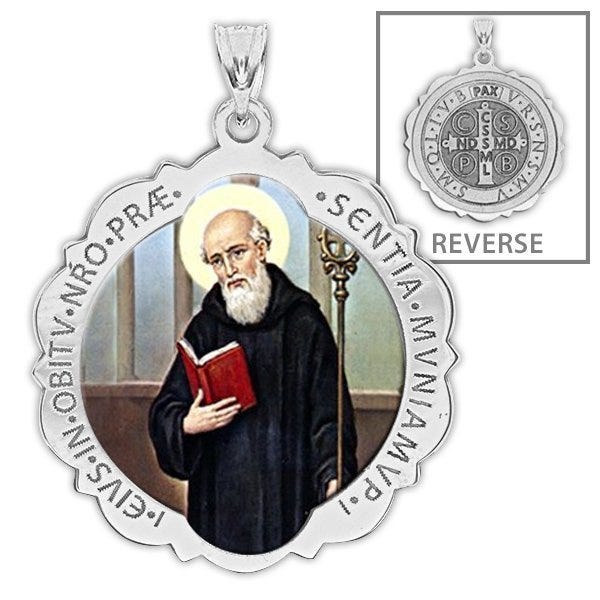 Saint Benedict Scalloped Round Religious Medal Color